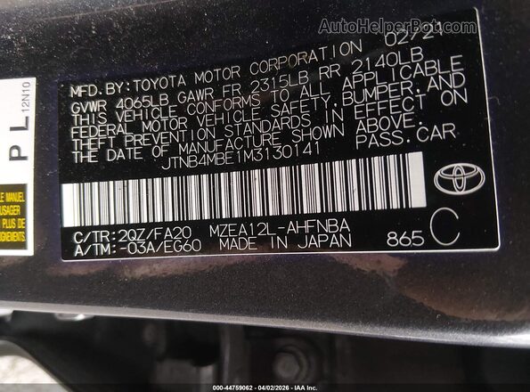 JTNB4MBE1M3130141 2021 TOYOTA LL Gray ძრავის განყოფილების ხედი