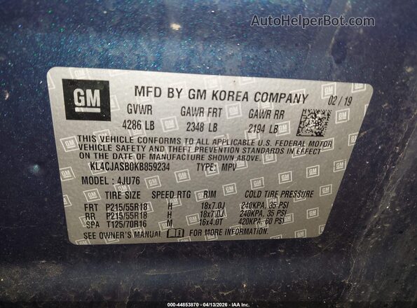 KL4CJASB0KB859234 2019 BUICK ENCORE Blue ძრავის განყოფილების ხედი