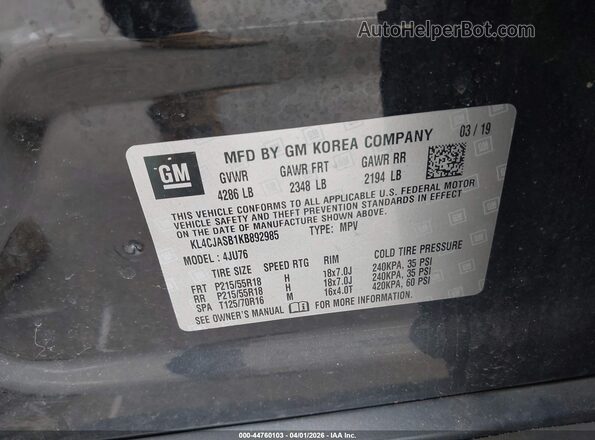 KL4CJASB1KB892985 2019 BUICK ENCORE Black Vista del compartimento del motor