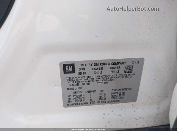 KL4CJASB1LB007802 2020 BUICK ENCORE White Engine compartment view