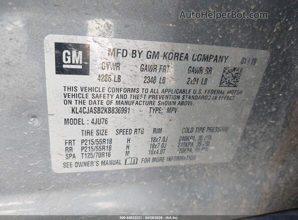 KL4CJASB2KB836991 2019 BUICK ENCORE Gray Widok komory silnika