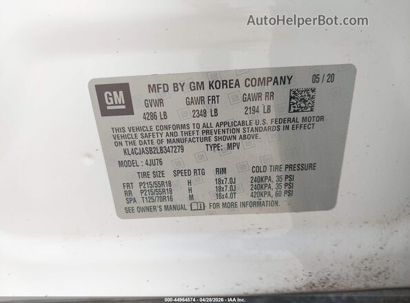 KL4CJASB2LB347279 2020 BUICK ENCORE White Вид підкапотного простору