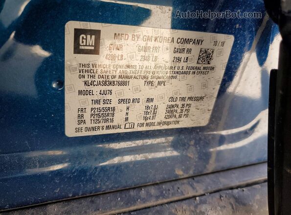 KL4CJASB3KB768801 2019 BUICK ENCORE Blue VIN sticker view