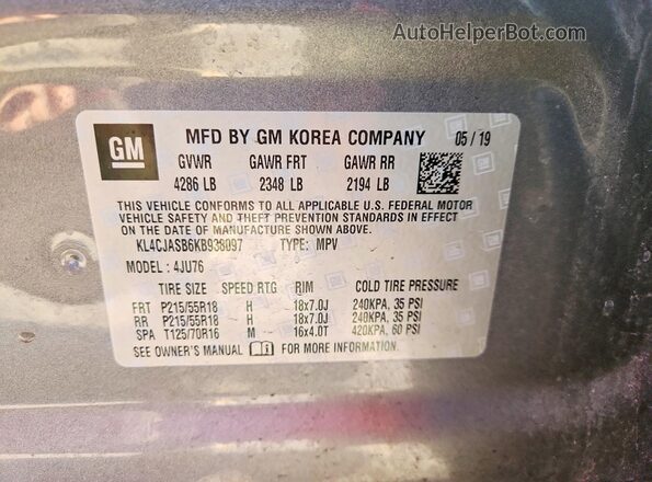 KL4CJASB6KB938097 2019 BUICK ENCORE Gray VIN sticker view