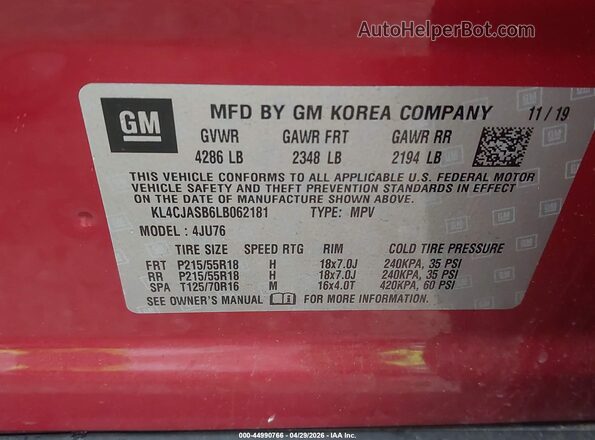 KL4CJASB6LB062181 2020 BUICK ENCORE Red ძრავის განყოფილების ხედი