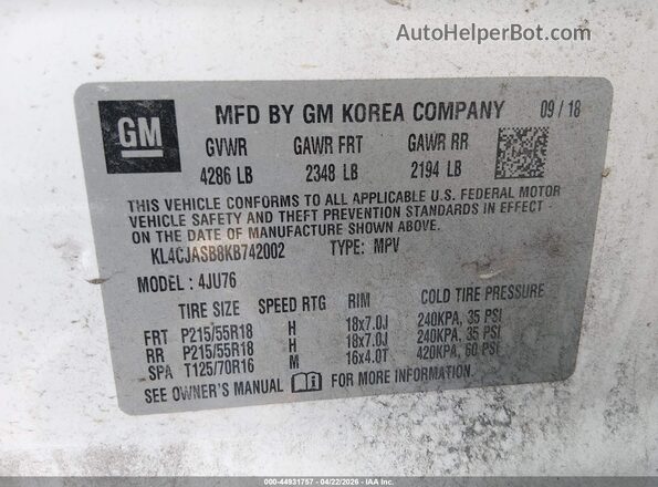 KL4CJASB8KB742002 2019 BUICK ENCORE White Vista del compartimento del motor