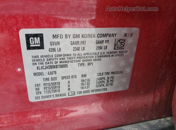 KL4CJASB9KB708005 2019 BUICK ENCORE Red VIN կոդի պիտակի տեսք