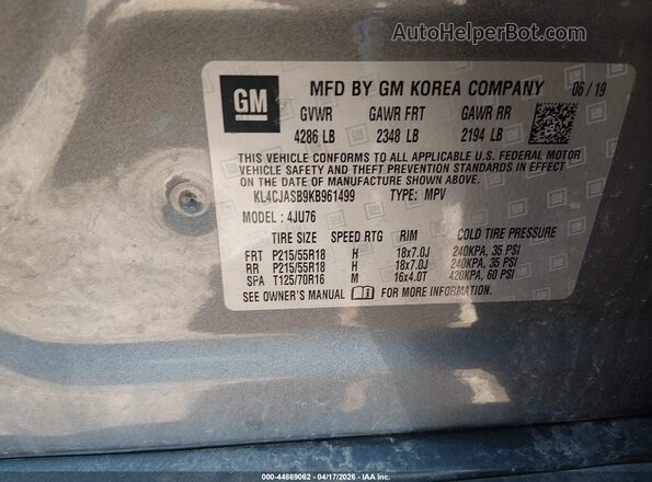 KL4CJASB9KB961499 2019 BUICK ENCORE Silver Engine compartment view