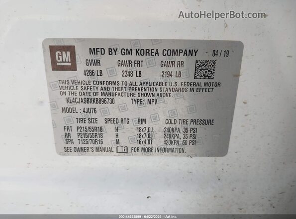 KL4CJASBXKB896730 2019 BUICK ENCORE White Widok komory silnika