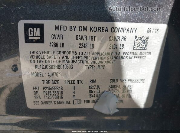 KL4CJCSB2HB010503 2017 BUICK ENCORE Gray Vista del compartimento del motor