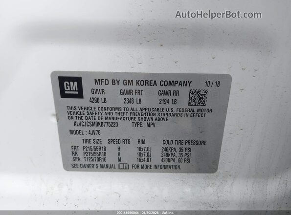 KL4CJCSM0KB775220 2019 BUICK ENCORE White Շարժիչի բաժամունքի տեսք