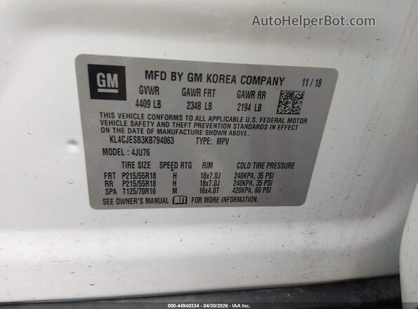 KL4CJESB3KB794063 2019 BUICK ENCORE White Engine compartment view