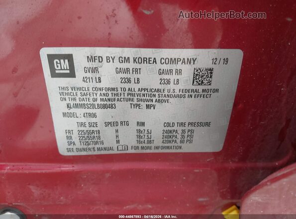 KL4MMBS20LB080483 2020 BUICK ENCORE Red Engine compartment view