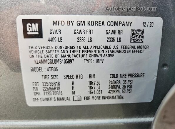 KL4MMCSL0MB105897 2021 BUICK ENCORE Silver Вид наклейки з VIN-кодом