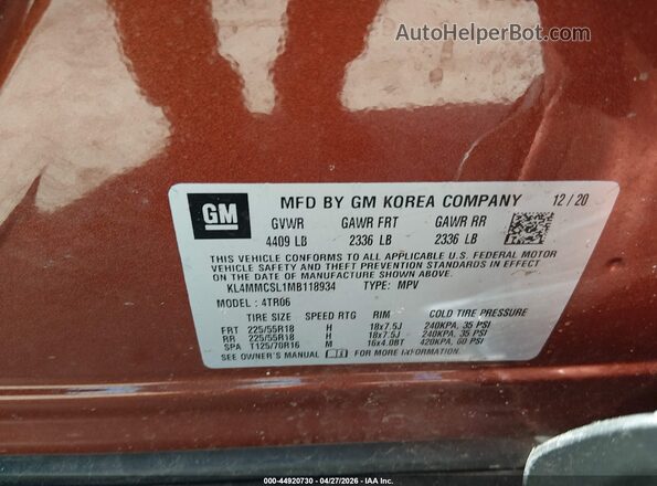 KL4MMCSL1MB118934 2021 BUICK ENCORE Orange Vista del compartimento del motor