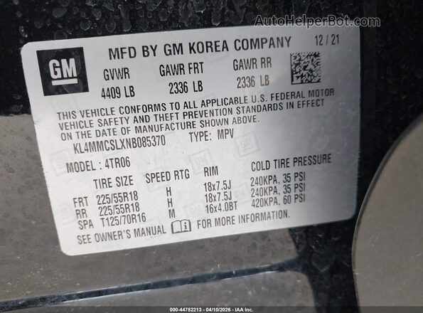 KL4MMCSLXNB085370 2022 BUICK ENCORE Black ძრავის განყოფილების ხედი