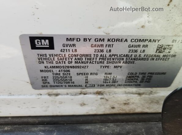 KL4MMDS28NB092427 2022 BUICK ENCORE White VIN կոդի պիտակի տեսք