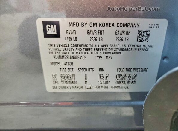 KL4MMESL0NB084109 2022 BUICK ENCORE Gray VIN կոդի պիտակի տեսք