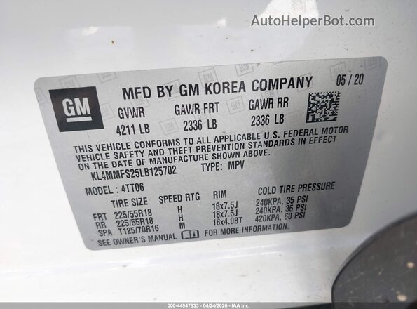 KL4MMFS25LB125702 2020 BUICK ENCORE White ძრავის განყოფილების ხედი