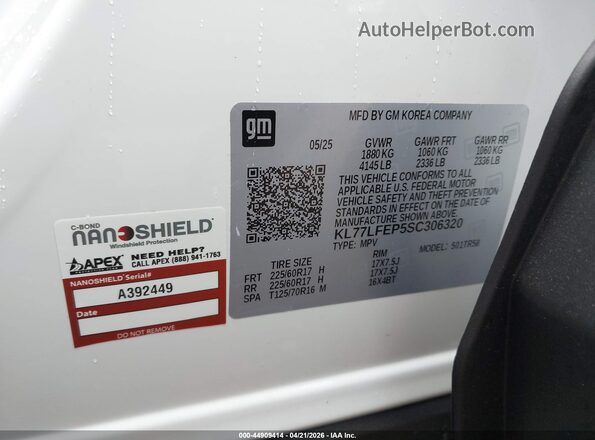 KL77LFEP5SC306320 2025 CHEVROLET TRAX White 