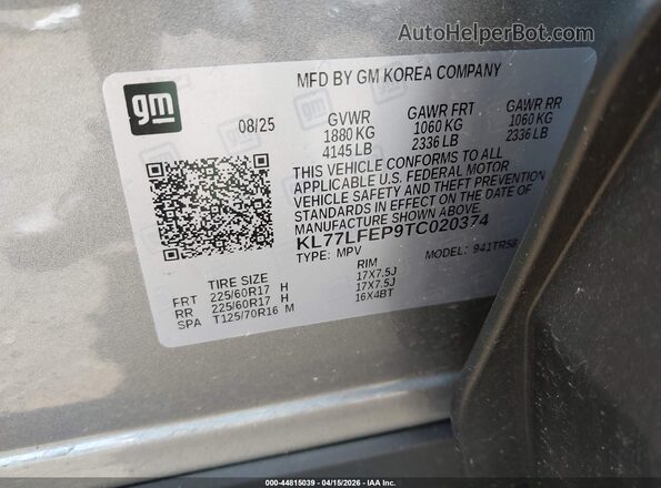 KL77LFEP9TC020374 2026 CHEVROLET TRAX Gray Widok komory silnika