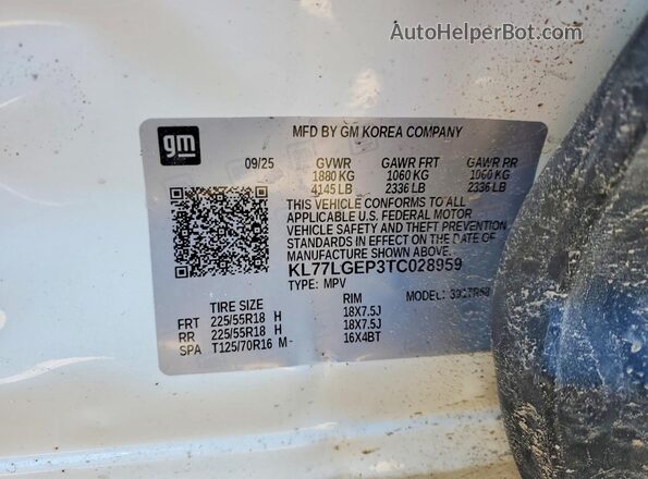 KL77LGEP3TC028959 2026 CHEVROLET TRAX Белый Вид наклейки с VIN-кодом