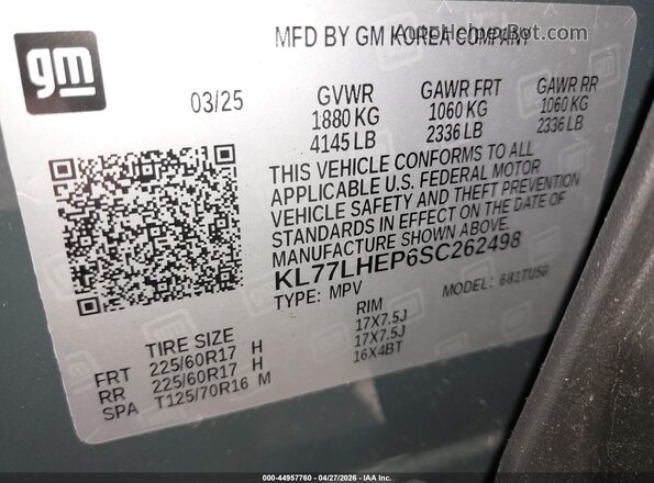 KL77LHEP6SC262498 2025 CHEVROLET TRAX Gray Vista del compartimento del motor