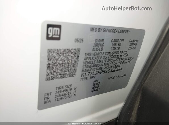 KL77LJEP5SC320494 2025 CHEVROLET TRAX White 