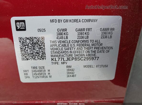 KL77LJEP8SC295977 2025 CHEVROLET TRAX Red Вид підкапотного простору