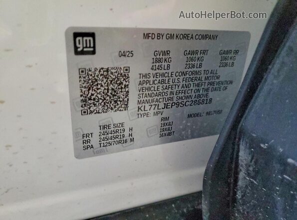 KL77LJEP9SC286818 2025 CHEVROLET TRAX White VIN sticker view