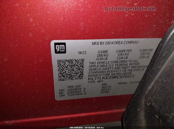 KL77LKE25RC070372 2024 CHEVROLET TRAX Orange Vista del compartimento del motor