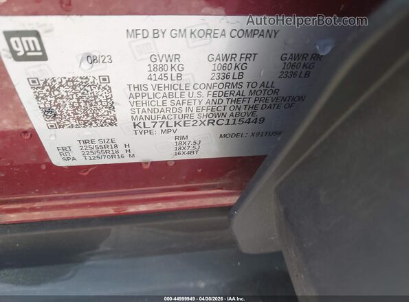 KL77LKE2XRC115449 2024 CHEVROLET TRAX Maroon Vista del compartimento del motor
