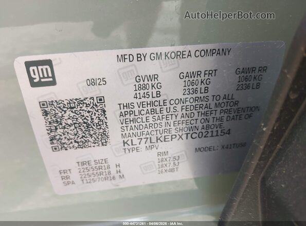 KL77LKEPXTC021154 2026 CHEVROLET TRAX Green Vista del compartimento del motor