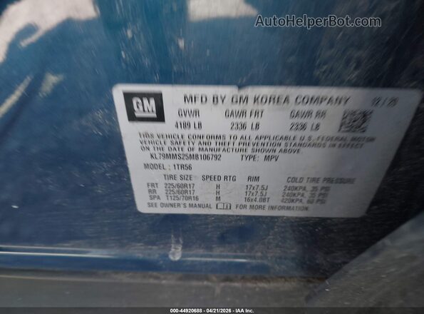 KL79MMS25MB106792 2021 CHEVROLET TRAILBLAZER Blue Вид підкапотного простору