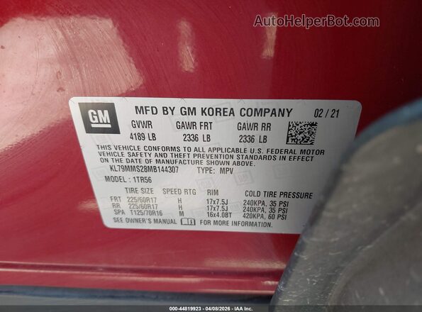 KL79MMS28MB144307 2021 CHEVROLET TRAILBLAZER Maroon 