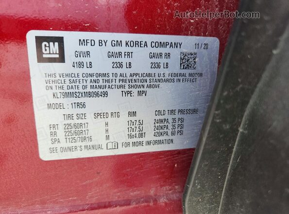 KL79MMS2XMB096499 2021 CHEVROLET TRAILBLAZER Red Widok naklejki z numerem VIN
