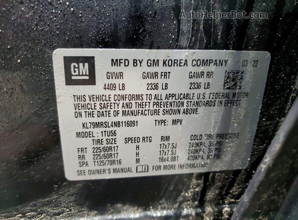 KL79MRSL4NB116091 2022 CHEVROLET TRAILBLAZER Black VIN sticker view