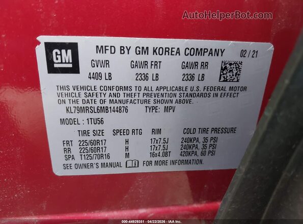 KL79MRSL6MB144876 2021 CHEVROLET TRAILBLAZER Red ძრავის განყოფილების ხედი