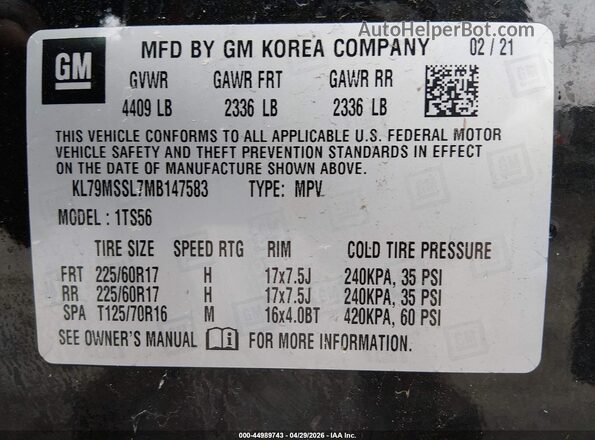 KL79MSSL7MB147583 2021 CHEVROLET TRAILBLAZER Black ძრავის განყოფილების ხედი
