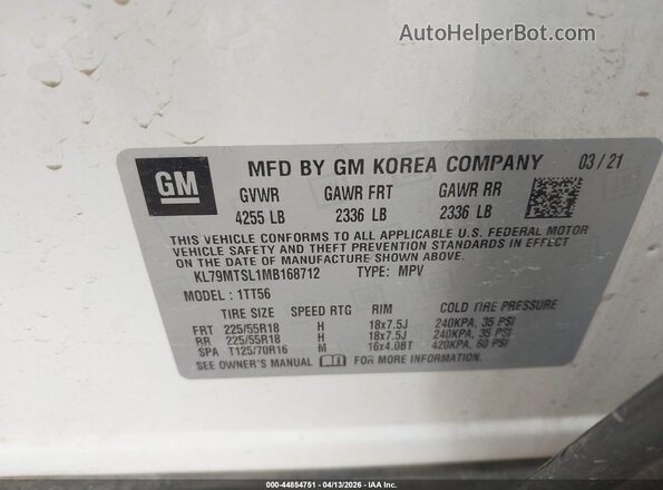 KL79MTSL1MB168712 2021 CHEVROLET TRAILBLAZER White 