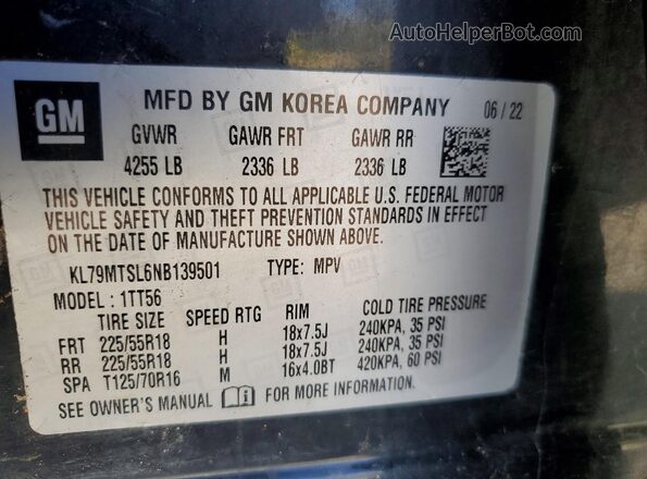 KL79MTSL6NB139501 2022 CHEVROLET TRAILBLAZER Black Widok naklejki z numerem VIN