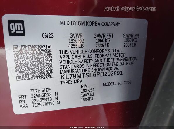 KL79MTSL6PB202891 2023 CHEVROLET TRAILBLAZER Maroon Вид підкапотного простору