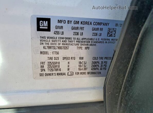 KL79MTSL7NB070267 2022 CHEVROLET TRAILBLAZER White VIN կոդի պիտակի տեսք