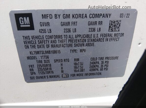 KL79MTSL9NB108615 2022 CHEVROLET TRAILBLAZER White Շարժիչի բաժամունքի տեսք