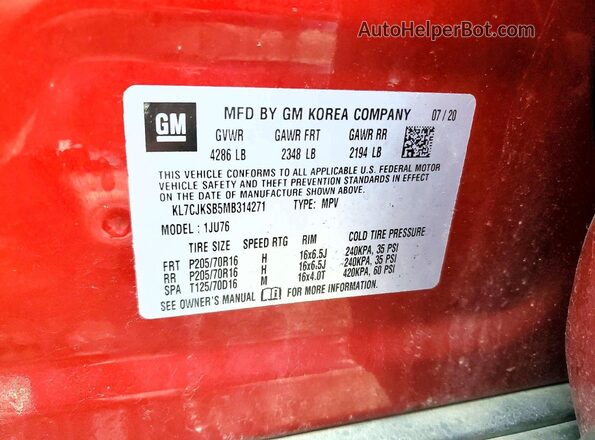 KL7CJKSB5MB314271 2021 CHEVROLET TRAX Burgundy 