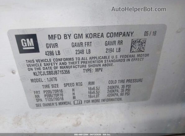KL7CJLSB0JB715356 2018 CHEVROLET TRAX Silver 