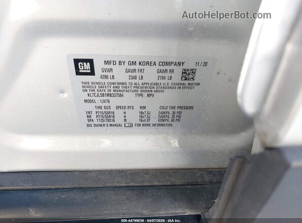 KL7CJLSB1MB337584 2021 CHEVROLET TRAX Silver ძრავის განყოფილების ხედი