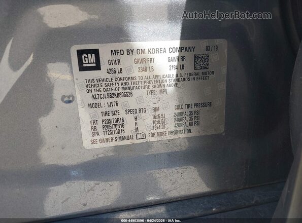 KL7CJLSB2KB896526 2019 CHEVROLET TRAX Silver 
