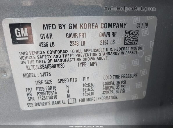 KL7CJLSB4KB907039 2019 CHEVROLET TRAX Gray Vista del compartimento del motor