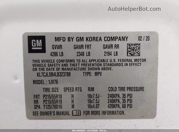 KL7CJLSB4LB323788 2020 CHEVROLET TRAX White Vista del compartimento del motor